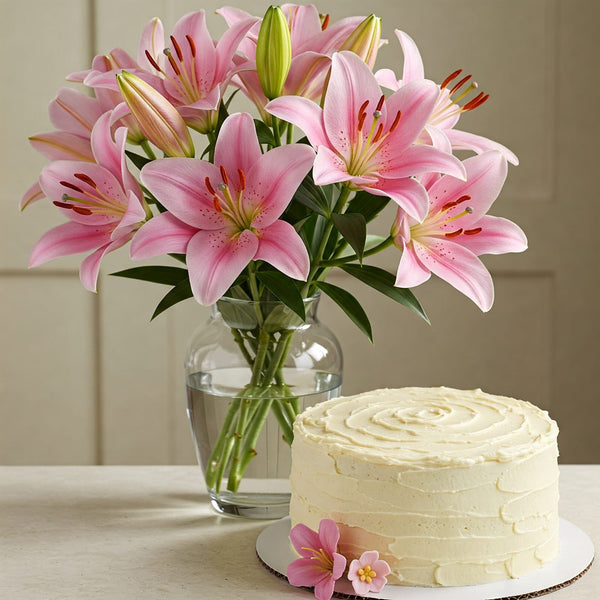Pink Lilies in Glass Vase with Vanilla Cake