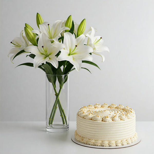 White Lilies in Vase with Vanilla Cake
