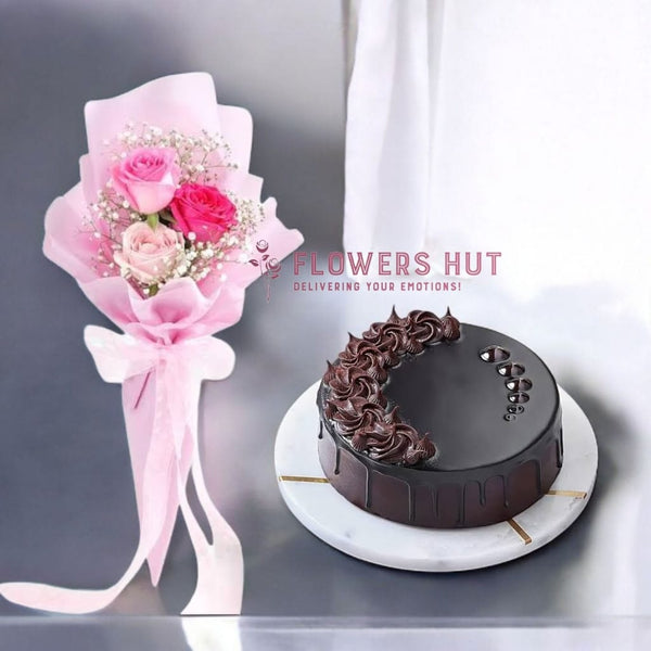 Pink Roses Bouquet with Chocolate Truffle Cake