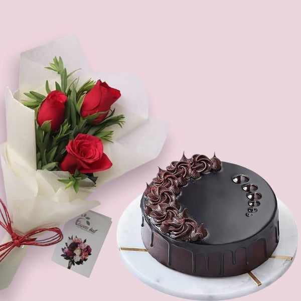 3 Red Roses Bouquet with Truffle Cake