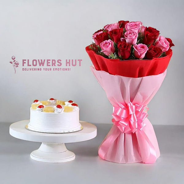 Pink & Red Roses with Pineapple Cake
