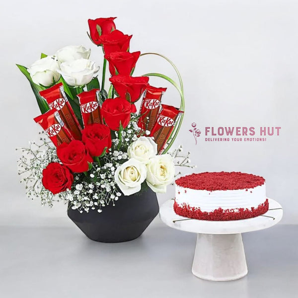 Red & White Roses in Vase with Red Velvet Cake
