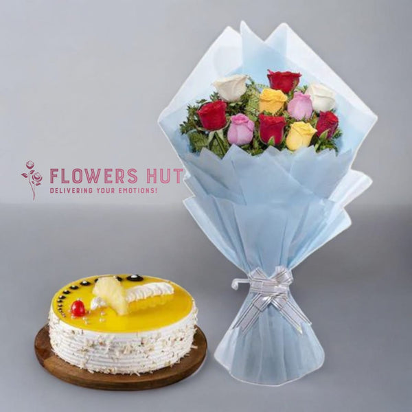 Mixed Roses Bouquet with Pineapple Cake