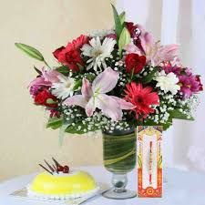 Rakhi with Flowers and Cake