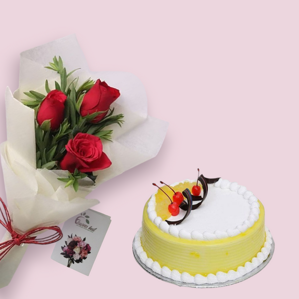 Red Roses Bouquet with Pineapple Cake