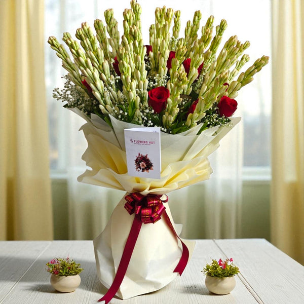 Rajnigandha and Red Roses Bouquet