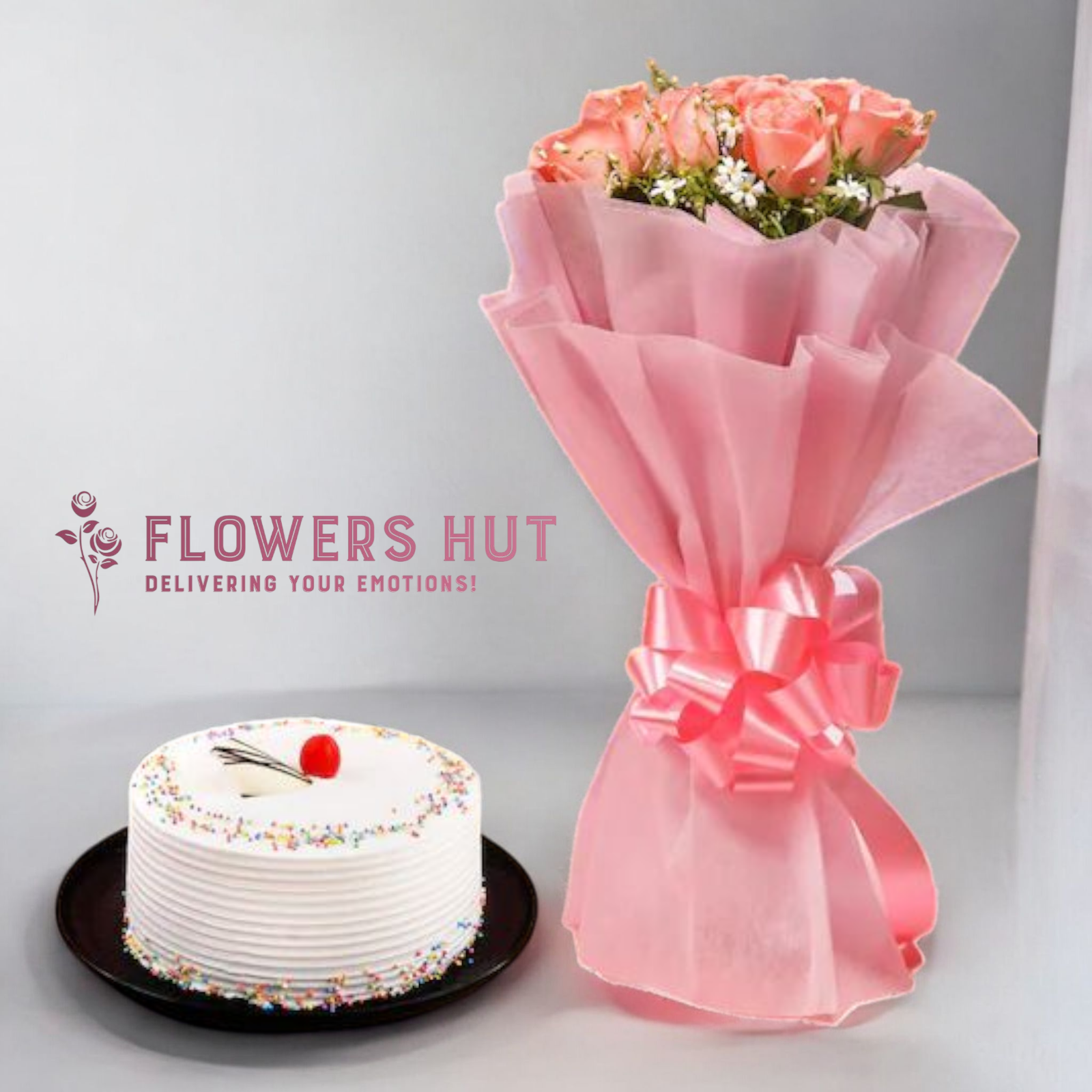 Pink Roses with Vanilla Cake – Flowers Hut