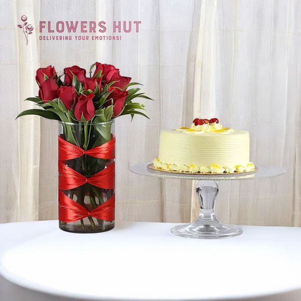Red Roses in Vase with Butterscotch Cake