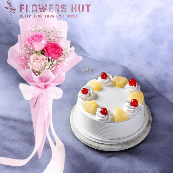 Pink Roses Bouquet with Pineapple Cake