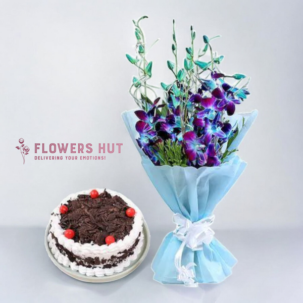 Blue Orchids Bouquet with Black forest Cake