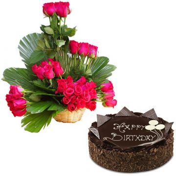 Basket of Roses with Cake